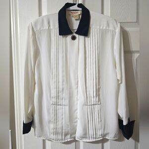 Vintage Mikado Satin Collared Button Up Blouse, White & Black, Pleated, EUC!